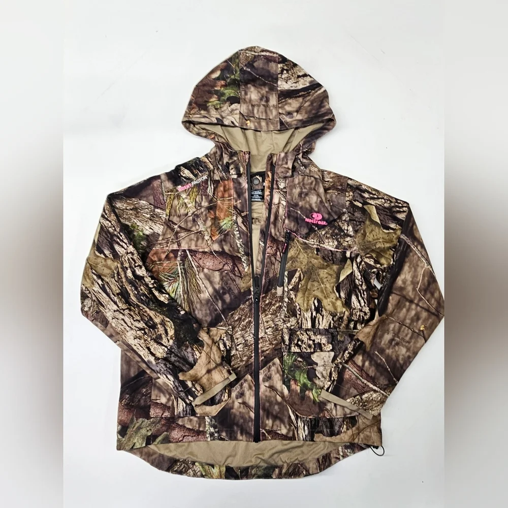 Womens Cabelas Large Mossy Oak Camo Hooded Full Zip Pink Accents Scent Factor - Picture 1 of 11